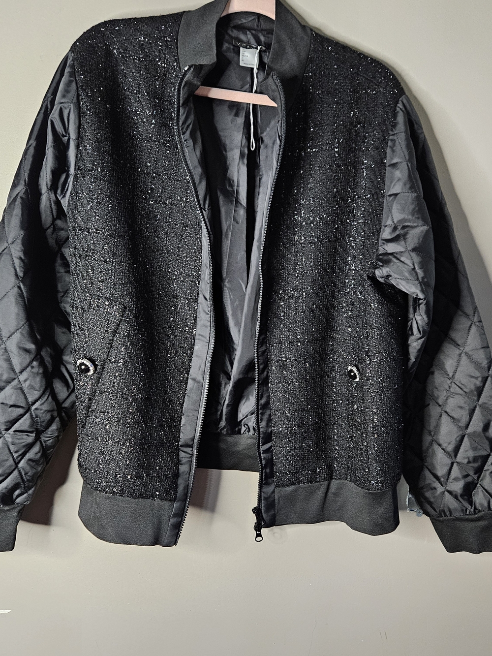 VENUS Black Quilted Tweed Bomber Jacket with Sparkle